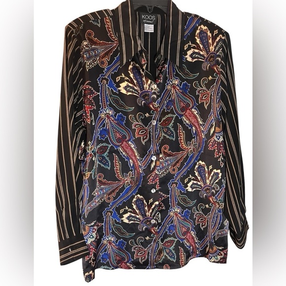 Koos Vintage 100% Silk Black career work blouse Paisley Button-Up Shirt Large - Picture 1 of 8